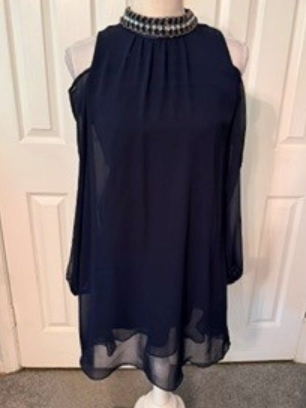 Elegant Navy, Cold Shoulder, Sheer Sleeves, Embellished Cocktail Dress Size 4